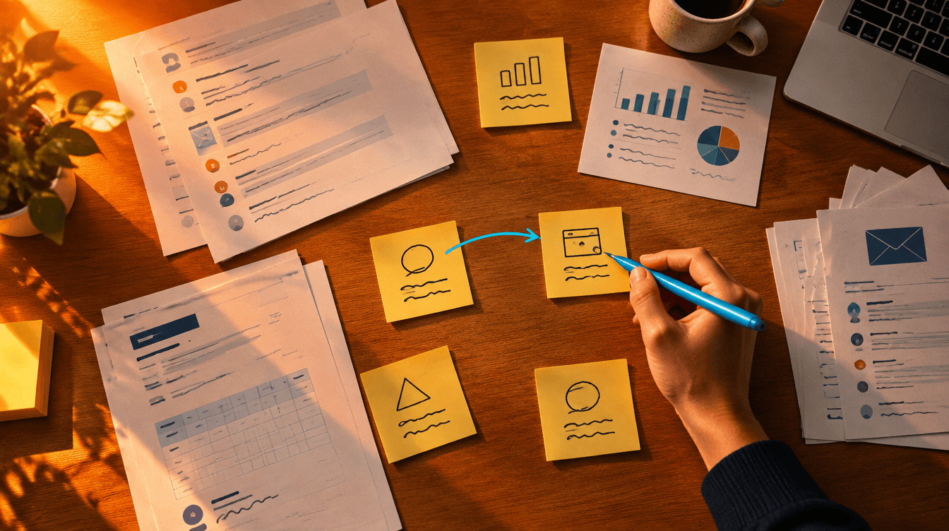 Overhead view of a desk with scattered notes and sticky notes being organised with a blue pen