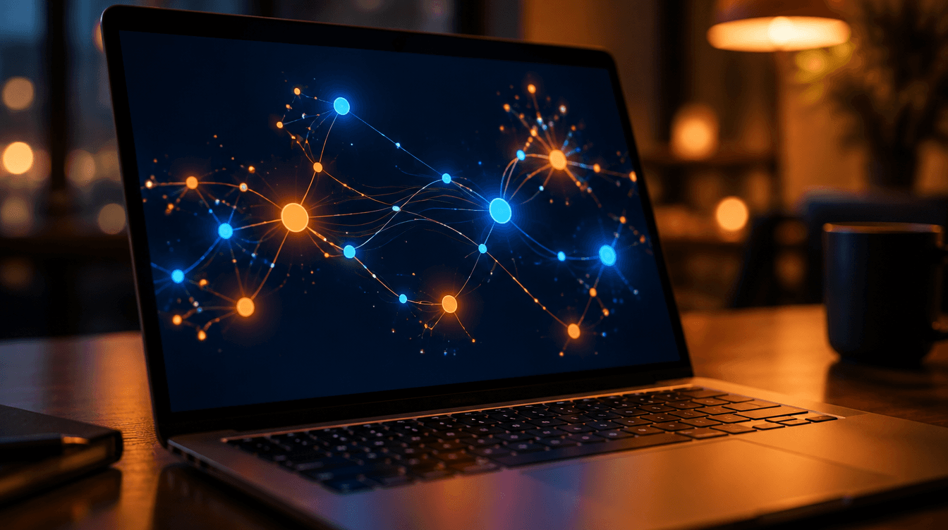 Laptop screen displaying a glowing orange and blue workflow node graph in a dim room