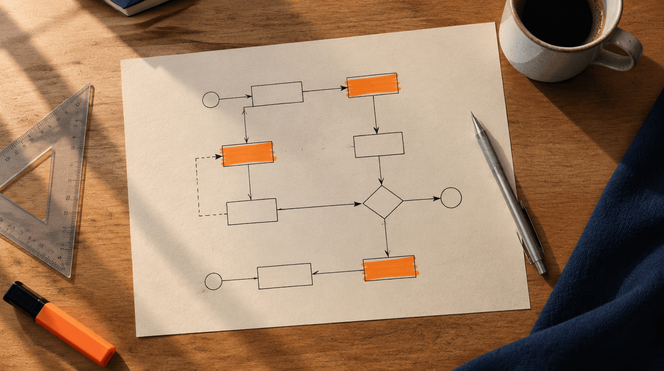 Hand-drawn workflow diagram on paper with orange highlighted boxes