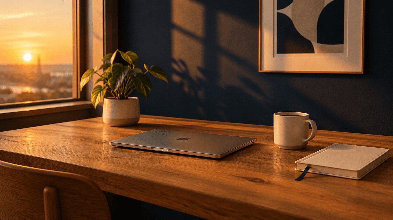 Peaceful minimalist desk at sunset with a closed laptop, plant and mug